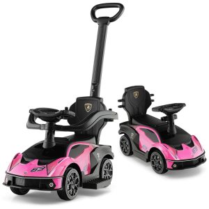 Carrinho de Passeio Infantil com Alça de Empurrar Guarda Corpo Removível e Som de Buzina para Crianças até 25kg HONEY JOY Lamborghini Rosa
