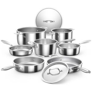 Conjunto de Panelas em Aço Inoxidável 9 Peças com Espessura Tripla Resistente e Durável Nuwave Prata