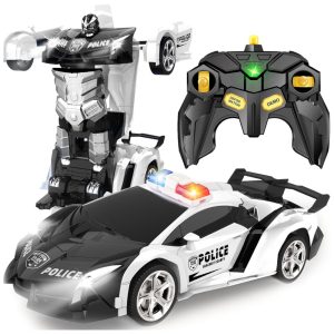 Carrinho de Controle Remoto Britik Drift 360° Escala 1:18 Transformação com 1 Botão Presente para Crianças de 4 a 6 Anos Carro Policial Preto