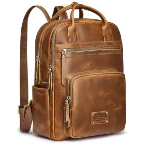 Mochila Feminina de Couro com Alça para Bagagem S ZONE Marrom Claro