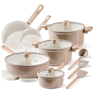 Jogo de Panelas e Frigideiras Cerâmicas CAROTE 15 peças Antiaderente Livre de PFOA e PFAS Marrom Taupe