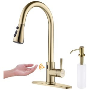 Torneira Cozinha com Sensor de Movimento Pulverizador e Dispensador de Sabão Aço Inoxidável Keer Dourada