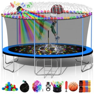Goujxcy 12FT 14FT 15FT 16FT Trampolim para crianças e adultos 1500 LBS trampolins ao ar livre com cesta de basquete luzes sprinkler gabinete escada salto recreativo no quintal para crianças adolescentes 12 pés azul com luzes alto falante sprinkler