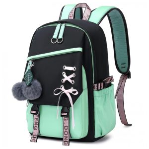 Mochila FENGDONG verde para adolescentes estilo kawaii com laço e pompom para notebook até 156"