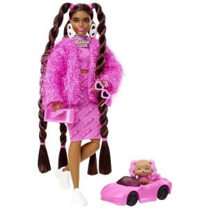 Boneca Barbie com Cabelo Longo Conjunto Rosa e Cachorrinho Rosa