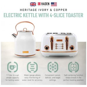Conjunto torradeira 4 fatias e chaleira elétrica Haden Heritage inox 17L marfim e cobre 1500W 110V