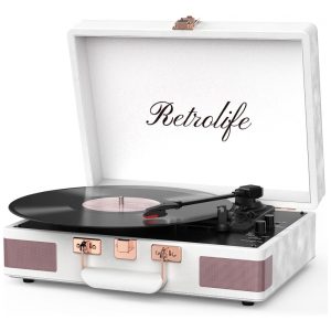 Toca-discos Retrolife 3 Velocidades Bluetooth Portátil em Maleta de Vinil com Alto-falantes Integrados Turntable Som Aprimorado Couro PU Vintage Piano