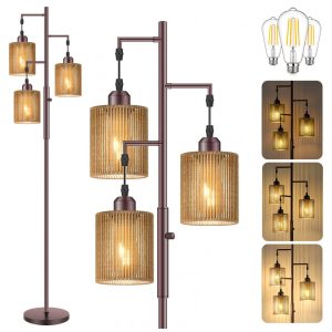 Luminária de piso 183 m Hotsonic boho rattan 3 fachos LED dimerizável marrom E26 110V