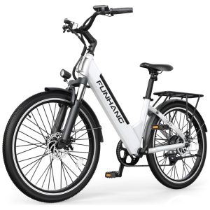 E-Bike Funhang EB-C2 Motor Brushless 500W (Pico 1000W) Torque 55Nm Bateria 48V 374Wh Removível 26" 7 Marchas 5 Modos Freios a Disco IPX5 BRANCA