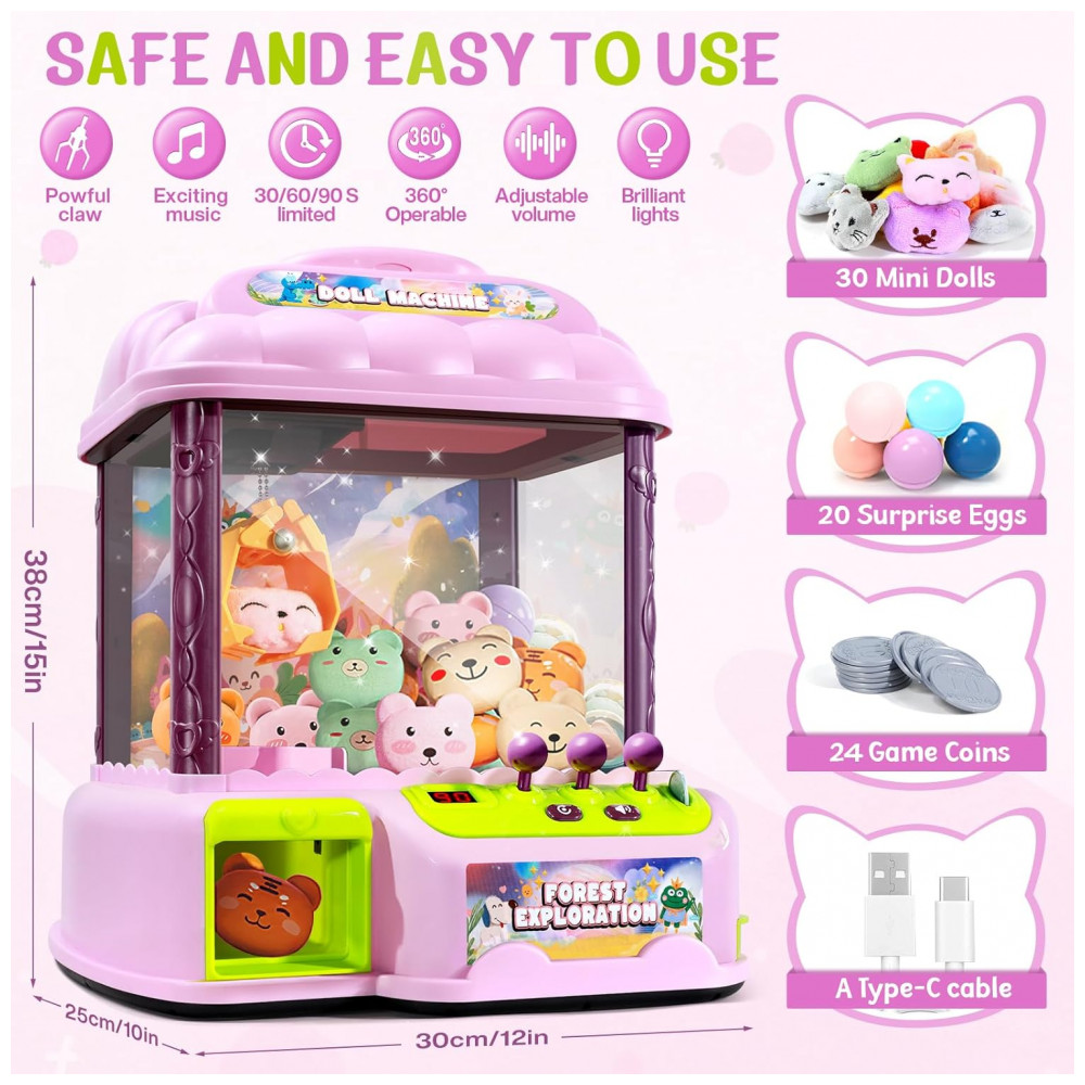 MIAOKE Máquina de Garra Rosa Grande para Crianças, Arcade Musical Eletrônico com Luzes e Sons, Inclui Brinquedos, Moedas e Ovos Surpresa - Imagem 3