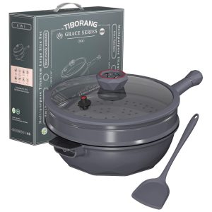 Panela Funda com Tampa de Vidro Cabo Frio Grelha a Vapor Livre de PFOA Segura para Lava-louças e Forno TIBORANGCarvão