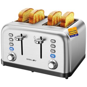 Torradeira 4 Pães em Aço Inox Escovado Controles Individuais Espaço Extra para Bagel Pão e Waffles 7 Níveis de Tostagem 4 FatiasRAMJOY