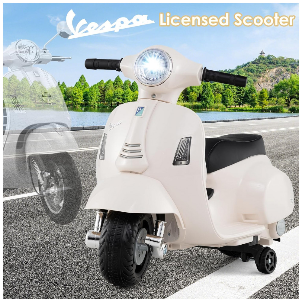 Moto Elétrica Infantil Vespa OLAKIDS Branca 6V Licenciada Rodas de Treinamento Farol LED Buzina Estrutura Metálica 3 Rodas - Imagem 3