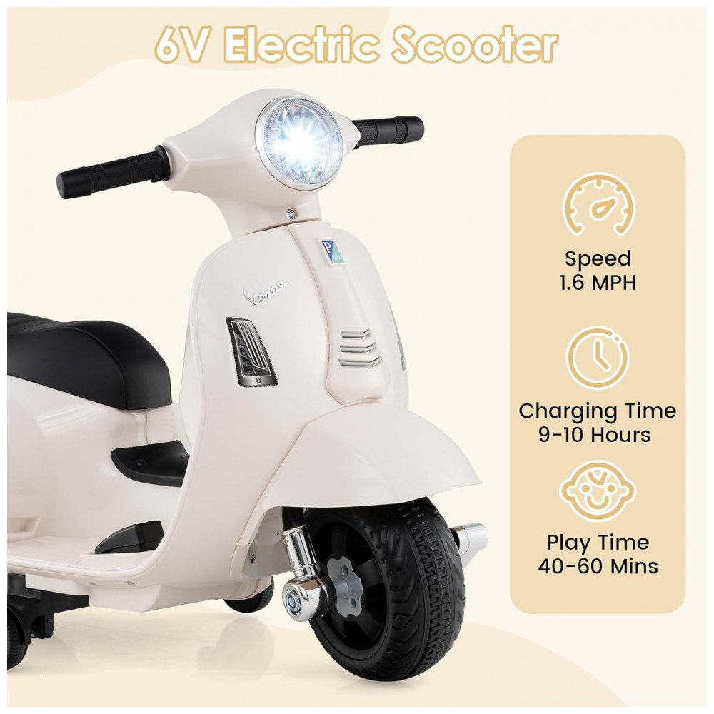 Moto Elétrica Infantil Vespa OLAKIDS Branca 6V Licenciada Rodas de Treinamento Farol LED Buzina Estrutura Metálica 3 Rodas - Imagem 4