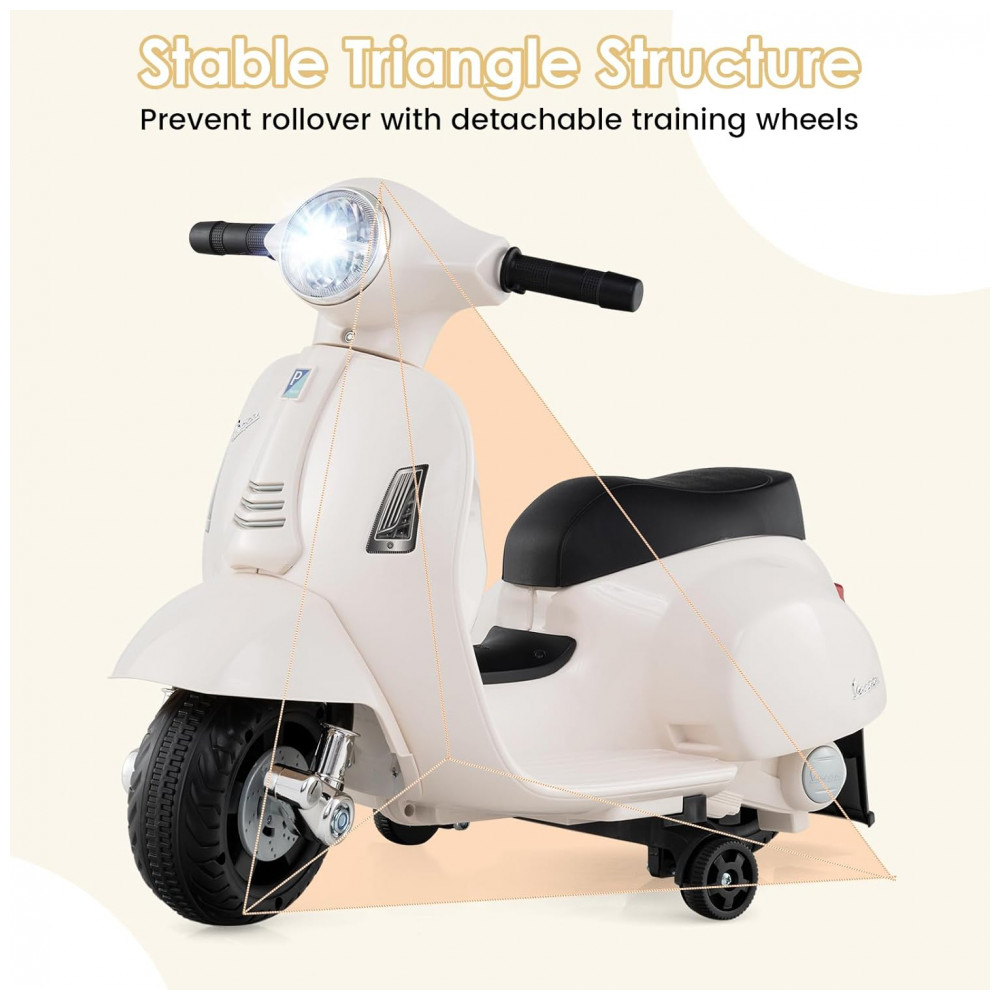 Moto Elétrica Infantil Vespa OLAKIDS Branca 6V Licenciada Rodas de Treinamento Farol LED Buzina Estrutura Metálica 3 Rodas - Imagem 5