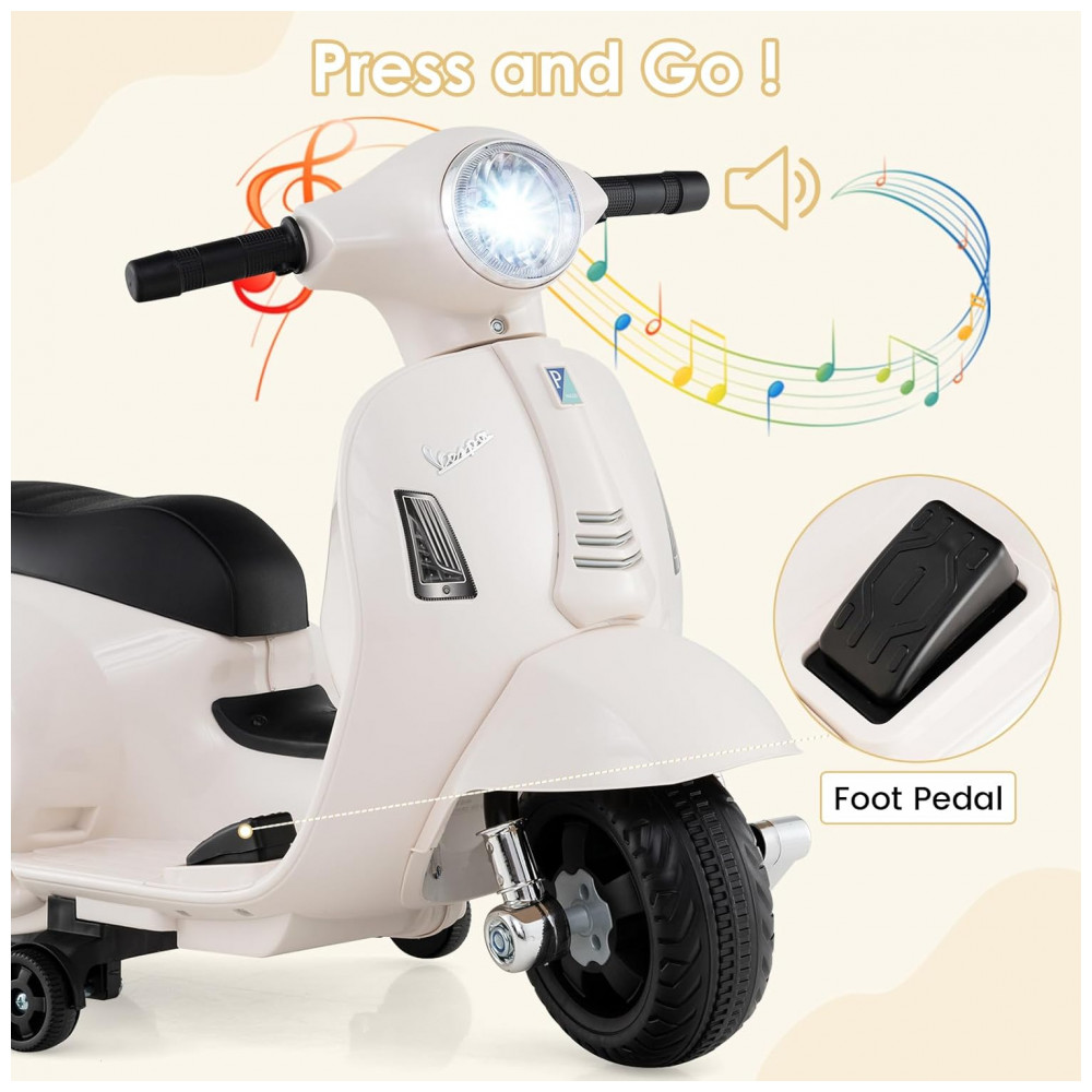 Moto Elétrica Infantil Vespa OLAKIDS Branca 6V Licenciada Rodas de Treinamento Farol LED Buzina Estrutura Metálica 3 Rodas - Imagem 6
