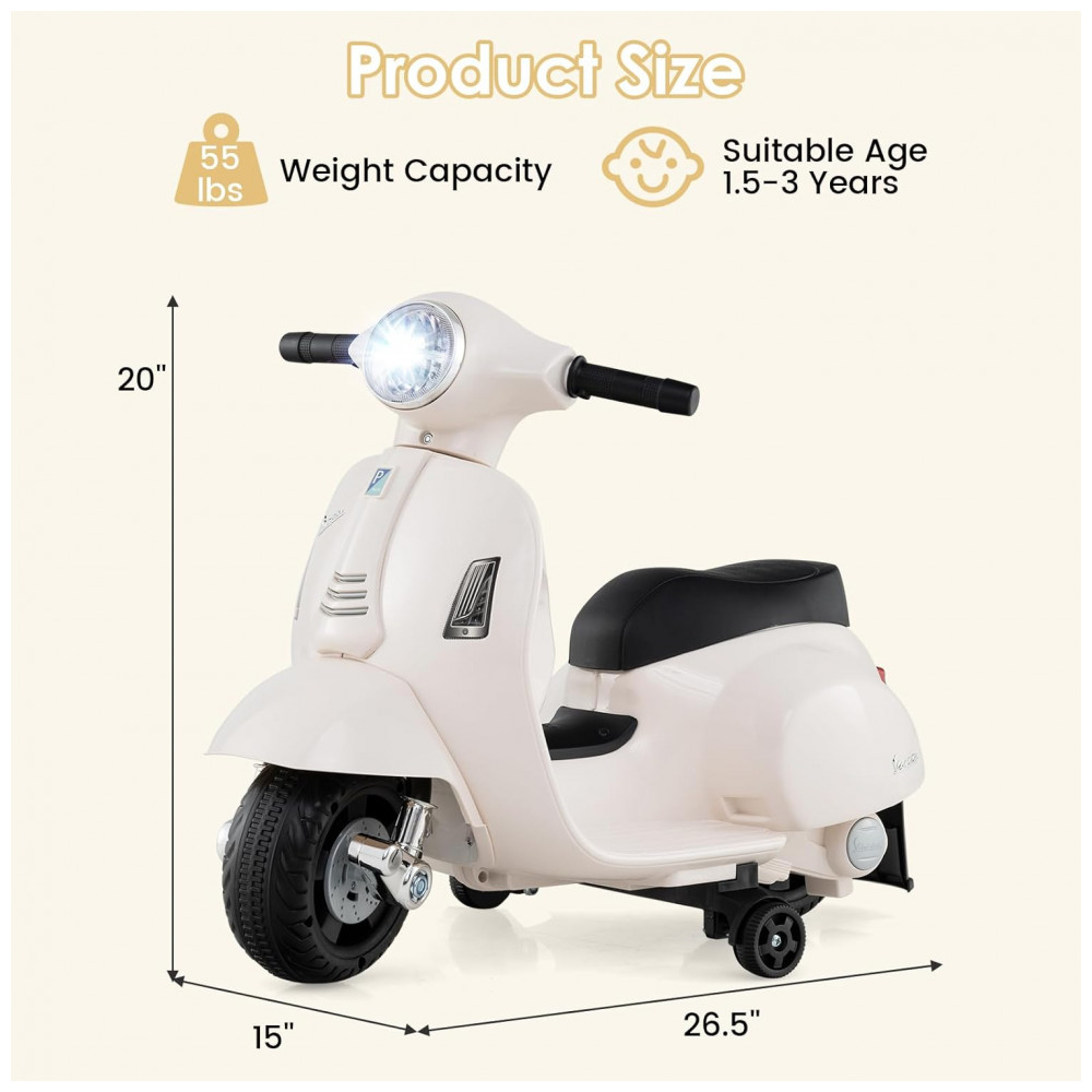 Moto Elétrica Infantil Vespa OLAKIDS Branca 6V Licenciada Rodas de Treinamento Farol LED Buzina Estrutura Metálica 3 Rodas - Imagem 7