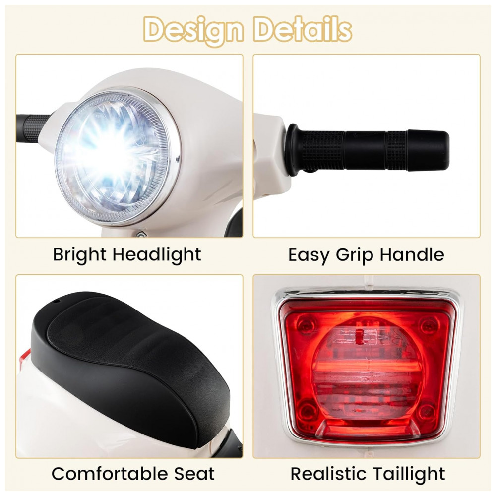 Moto Elétrica Infantil Vespa OLAKIDS Branca 6V Licenciada Rodas de Treinamento Farol LED Buzina Estrutura Metálica 3 Rodas - Imagem 8