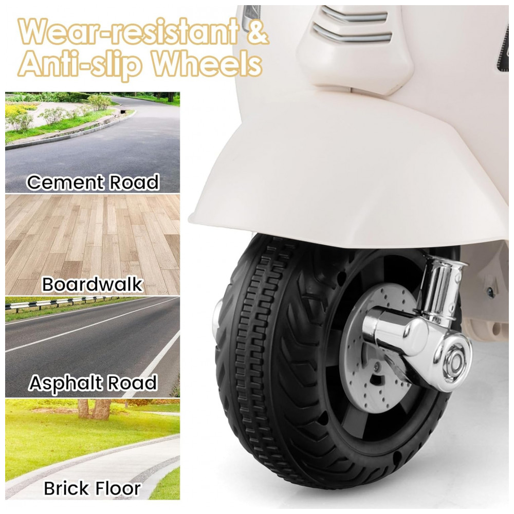 Moto Elétrica Infantil Vespa OLAKIDS Branca 6V Licenciada Rodas de Treinamento Farol LED Buzina Estrutura Metálica 3 Rodas - Imagem 9