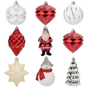 Conjunto de 9 Bolas de Natal Vermelhas e Brancas para Árvore de Natal Decoradas com Boneco de Neve Papai Noel e Estrela Villa Como