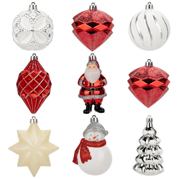 Conjunto de 9 Bolas de Natal Vermelhas e Brancas para Árvore de Natal, Decoradas com Boneco de Neve, Papai Noel e Estrela,  Villa Como