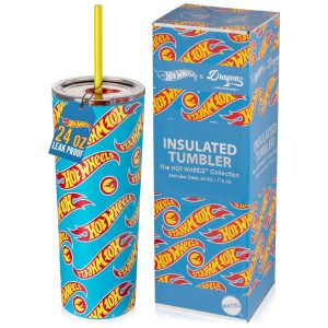 Copo 700 mL Hot Wheels de Aço Inoxidável Isolado a Vácuo com Tampa e 2 Canudos Azul