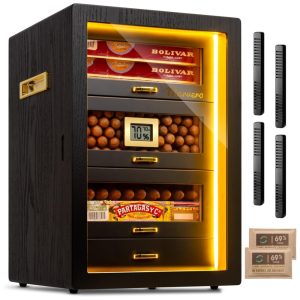 Umidor para Charutos Marvero com Higrômetro Digital e Umidificador Iluminação LED e 4 Gavetas de Cedro Pacotes de Umidade.
