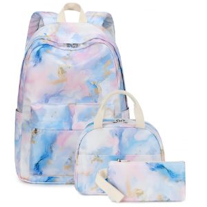 Mochila escolar Bluboon juvenil feminina mármore rosa azul roxo conjunto 3 peças com lancheira térmica e estojo para notebook 355 cm