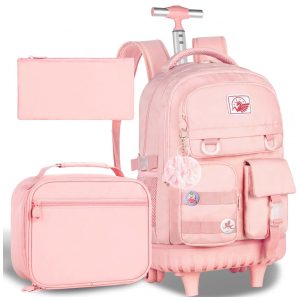 Mochila de rodinhas CCJPX 3 em 1 rosa para notebook com lancheira e estojo