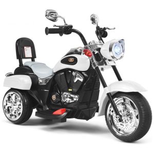Moto Elétrica Infantil Chopper OLAKIDS Branca 6V 3 Rodas de Treinamento Farol LED Buzina Suspensão Estrutura Metálica 3 km/h