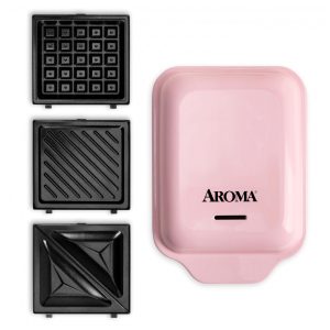 Sanduicheira Elétrica 3 em 1 AROMA Rosa 600W Placas Cerâmicas Removíveis 120V 19x14x9 cm
