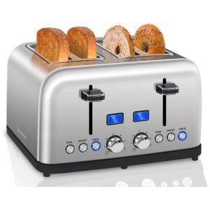 Torradeira Elétrica 4 Fatias 6 Níveis de Tostagem em Aço Inoxidável e Visor LCD 110V 1500W SEEDEEM Prata
