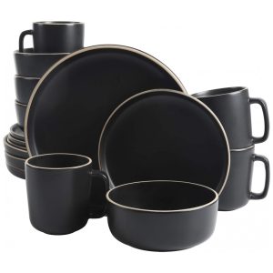 Aparelho de Jantar com 16 Peças em Cerâmica Faiança Incluindo Pratos Xícaras e Bowls Gibson Home Zuma Preto