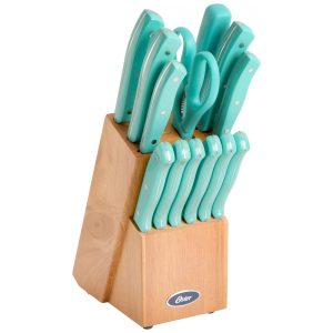 Conjunto de Facas em Aço Inoxidável com Bloco de Bancada 14 Peças Oster Azul