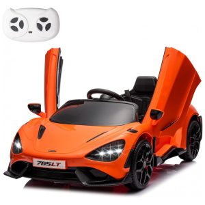 Carro Elétrico Infantil McLaren765LT MUKIDY Laranja 12V Controle Remoto Música Luzes LED 3 Velocidades Cinto Segurança Modelo Licenciado
