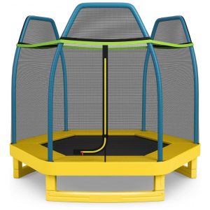 Trampolim DIÁRIO para crianças trampolins recreativos de 7 pés trampolim com compartimento de segurança de rede mini trampolim interno externo trampolim infantil para meninos meninas de 3 anos azul amarelo