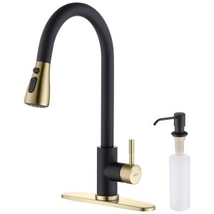 Torneira Cozinha com Dispensador de Sabão Pulverizador de 3 Modos Aço Inoxidável Keer Preto Fosco e Dourado