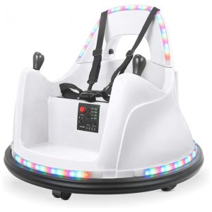 Carro Elétrico Infantil Bate Bate com 2 Velocidades Controle Remoto e APP Luzes LED Bluetooth Giro de 360 ° e Adesivo 12V Kidzone Branca