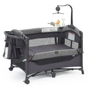 Berço Cercado Portátil 5 em 1 com Trocador Prateleira Música e Brinquedo de Pelúcia QUTANIX Cinza Escuro