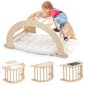 Escalada 5 em 1 JOYMOR Triângulo Pikler com Arco Balanço e Mesa Sensória para Crianças Brinquedo de Escalada de Madeira Montessoriana para Bebês