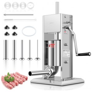 Máquina de Encher Linguiça de Aço Inoxidável 304 LEEVOT 7Lb3L Ajustável 2 Velocidades 5 Tubos de Enchimento Prateados