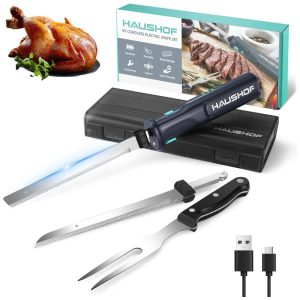 Conjunto de Facas Elétricas Sem Fio HAUSHOF 8V para Cortar Carnes Peixes e Pães Cortador de Carnes Recarregável com Lâminas de Aço