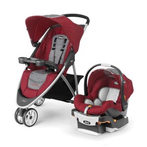 Carrinho de Bebê Travel System de 3 Rodas com Cesto Grande de Fácil Acesso Capota Ajustável e Removível Chicco Viaro Cinza e Vermelho