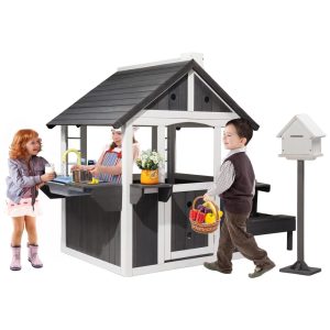 Casinha de Madeira JOYMOR para Crianças ao Ar Livre com Pia Mesa de Piquenique Caixa de Correio e Suporte para Vasos de Flores - Cinza/Branco