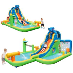 Parque Aquático Inflável 9 em 1 até 90 kg com Piscina Infantil Jogo da Velha Parede de Escalada e Toboáguas BOUNTECH Colorido