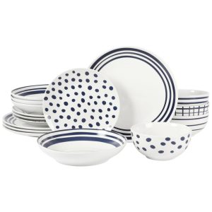 Aparelho de Jantar de Porcelana Branca e Azul Gibson Home Seaboard Decorado - Conjunto de Jantar para 4 Pessoas