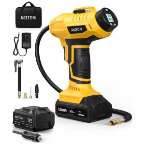 Compressor de Ar Portátil 160 PSI Recarregável com Tela LED e Adaptador de Energia 20V AstroAI Amarelo