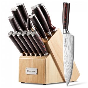Conjunto de Facas de Cozinha KEEMAKE 14 Peças com Bloco em Madeira Pakkawood e Afiador