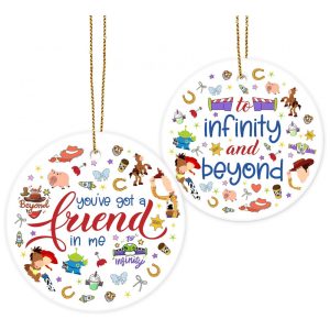 Enfeite Cerâmico 34HD 2025 Disney Você Tem um Amigo em Mim até o Infinito e Além Presente de Natal Cartunesco e Decorativo em Branco e Vermelho