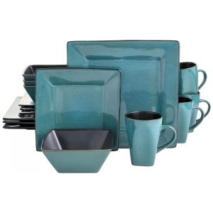 Aparelho de Jantar com 16 Peças Quadradas em Cerâmica Gibson Elite Kiesling Azul Turquesa